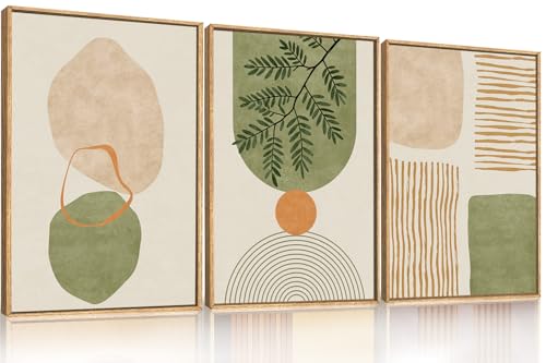 Boho Sage Green Geometric Framed Canvas Wall Art Set
