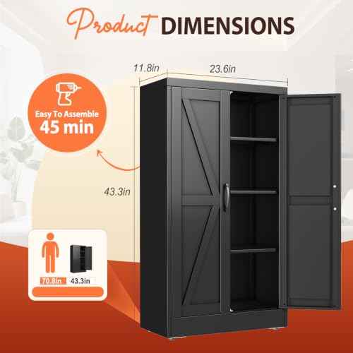 47" Black Metal Storage Pantry Cabinet