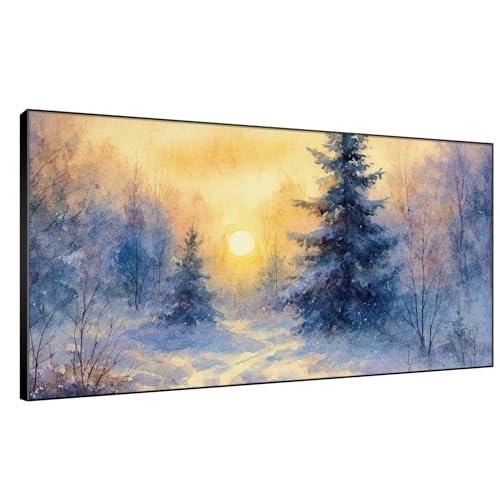 24"x46" Extra Large Framed Wall Art Winter Sunrise in Snowy Pine Forest Watercolor Style for Home Living Room Bedroom Decor