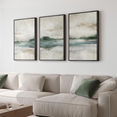 Large Framed Blue Green Abstract Landscape Wall Art