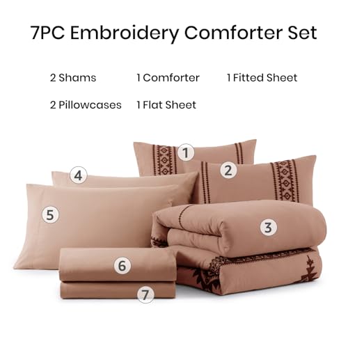 Embroidery Queen Comforter Set 7 Pieces Dusty Pink Bed in a Bag