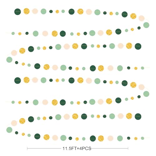 Sage Green Gold Beige Party Polka Dot Garlands Oilve Green Glitter Gold Hanging Paper Circle Dots Streamer for Birthday Wedding Shower Engagement Retirement Boho Safari Party Decorations Supplies