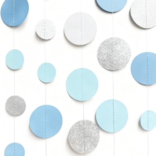 Dusty Blue Silver White Polka Dots Garland Hanging Paper Circle Dot Streamer for Nautical Birthday Wedding Engagement Bridal Shower Retirement Graduation Hen Party Decorations Supplies