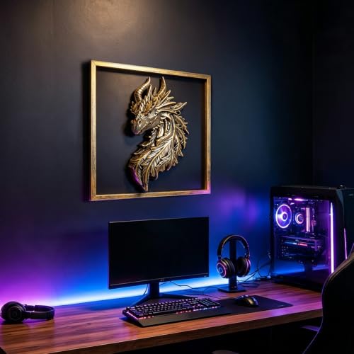 Gold Dragon Head Wall Decor with Metal Frame