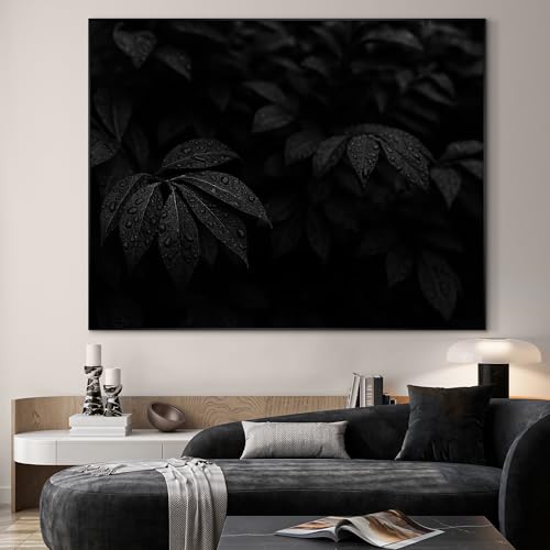 36"x46" Extra Large Framed Wall Art Black and White Botanical Leaves with Raindrops for Home Living Room Bedroom Decor