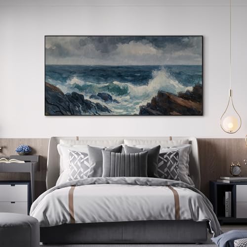 24"x46" Extra Large Framed Wall Art Rocky Seashore with Crashing Waves and Moody Sky for Home Living Room Bedroom Decor