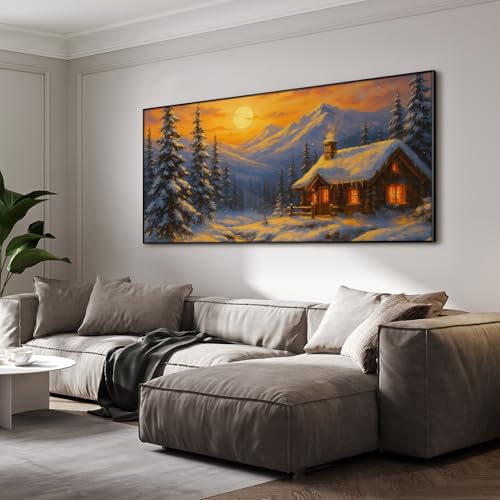 24"x46" Extra Large Framed Wall Art Cozy Cabin in Snowy Mountain Landscape at Sunset for Home Living Room Bedroom Decor