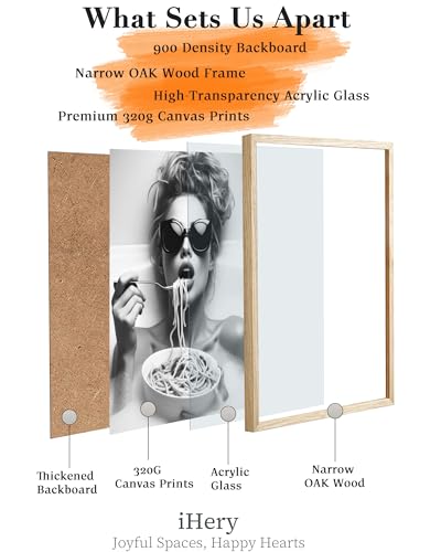 12x16in Natural OAK Wood Framed Woman Eating Pasta Wall Art
