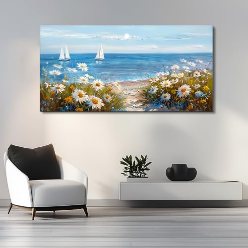 Large Blue Ocean Landscape Canvas Printing Picture Wall Art For Living Room Farmhouse Dinin Mural White Flowers Bedroom Office Wall Decor Home Decor Painting Easy To Hang 30x60 Inches
