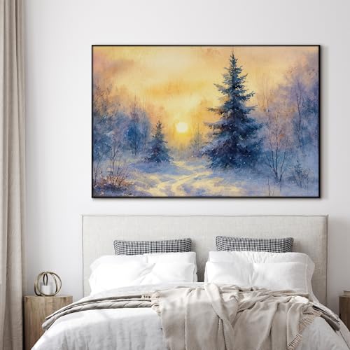 46"x72" Extra Large Framed Wall Art Winter Sunrise in Snowy Pine Forest Watercolor Style for Home Living Room Bedroom Decor