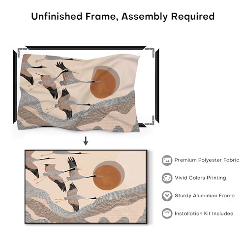 36"x60" Extra Large Framed Wall Art Flying Cranes Over Sunlit Hills Illustration for Home Living Room Bedroom Decor