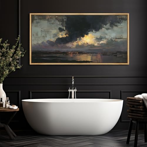 Extra Large Framed Canvas Print Wall Art Misty Lake Landscape Antique Retro Fine Art Illustrations Decorative Colorful for Bedroom