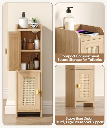 Rattan Small Bathroom Cabinet Narrow Toilet Paper Organizer Oak