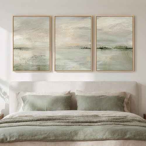 Framed Sage Green Abstract Landscape Wall Art for Bedroom (3 Count)