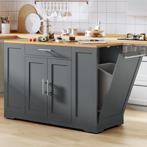 53 Inch Movable Kitchen Island with Trash Can Storage Cabinet