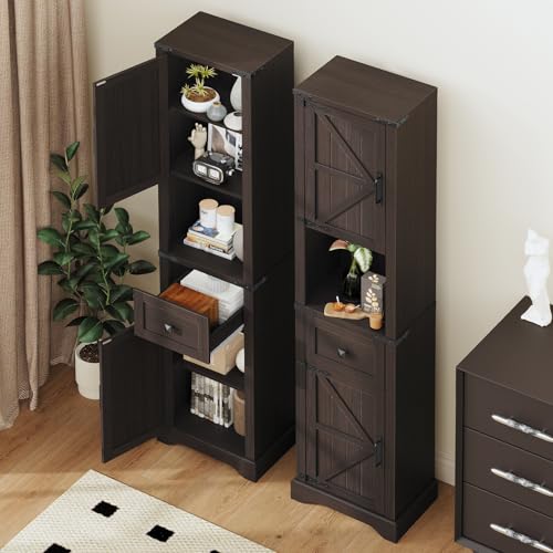 66" Tall Farmhouse Bathroom Storage Cabinet with Barn Door