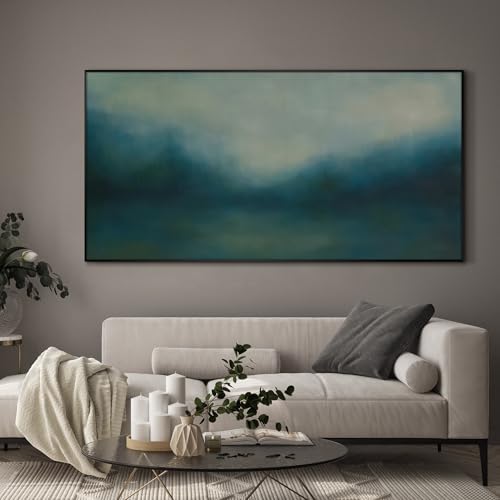 24"x46" Extra Large Framed Wall Art Misty Blue Landscape Abstract Ocean and Sky Illustration for Home Living Room Bedroom Decor