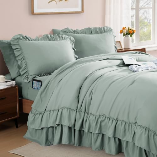 Full Size Comforter Set Sage Green Ruffle 7 Pieces Farmhouse Bed in a Bag