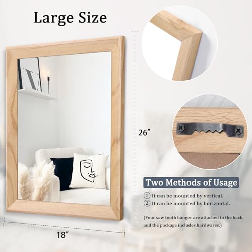 Rustic Mirrors for Wall Rectangle Wood Frame Mirror Large 26"x18" Decorative for Farmhouse Bedroom Bathroom Living Room Large