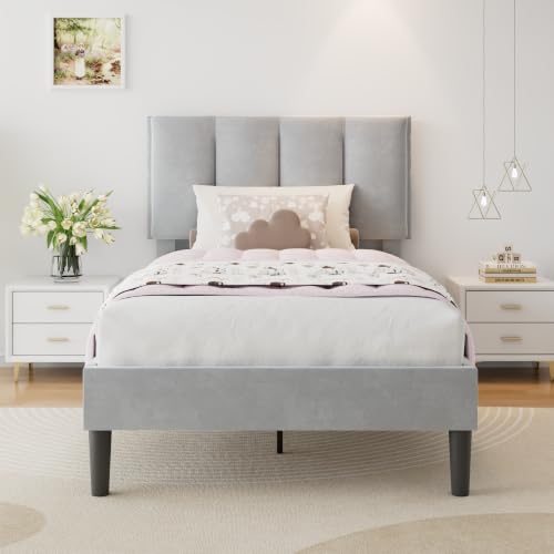 Twin Size Bed Frame with Upholstered Headboard