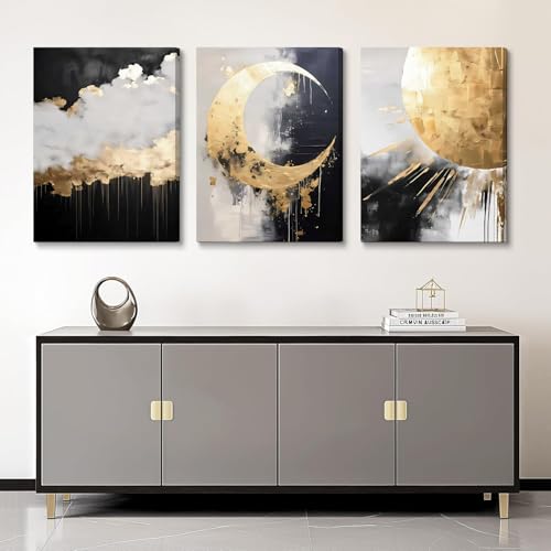 3Pcs Framed Black and Gold Abstract Canvas Wall Art (3 Count)
