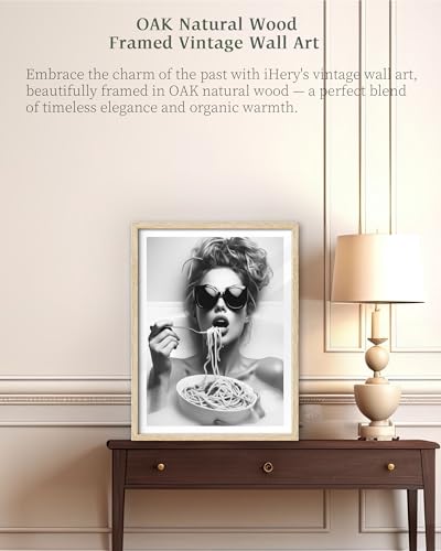 12x16in Natural OAK Wood Framed Woman Eating Pasta Wall Art