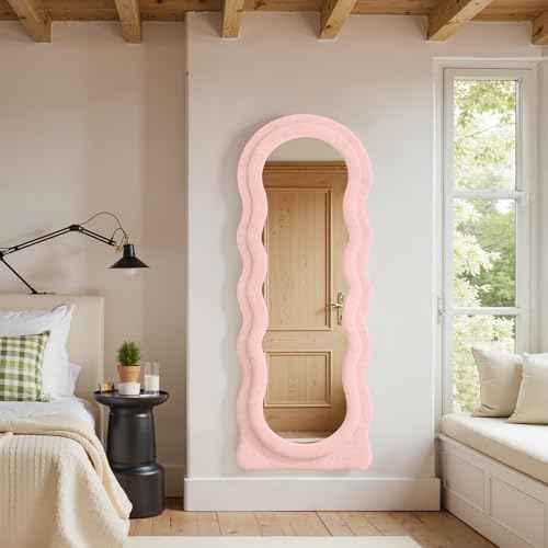 Full Length Mirror 63"x24" Irregular Wavy Full Body Wall Mounted Floor Mirror with Stand Pink Flannel Frame Leaning Hanging Wall for Bedroom Entrance Hallway