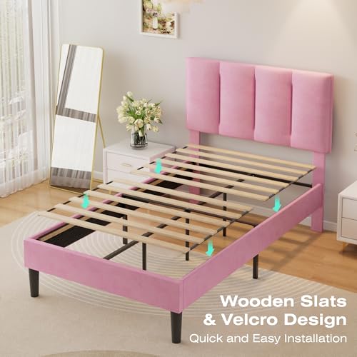Twin Size Bed Frame with Upholstered Headboard