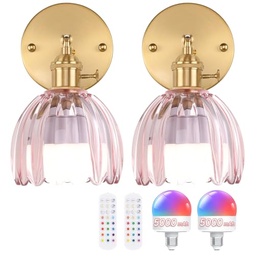 Vintage 5000 mAh Battery Operated Wall Sconce with Pink Clear Tulip Glass Lampshade Rechargeable Battery Powered Wall Light with Remote Control for Bedroom Doorway (2 Count)