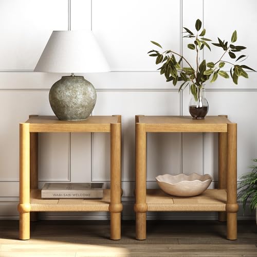 River Modern Coastal Side Table with Solid Wood Legs and Seagrass Storage Shelf (2 Count)