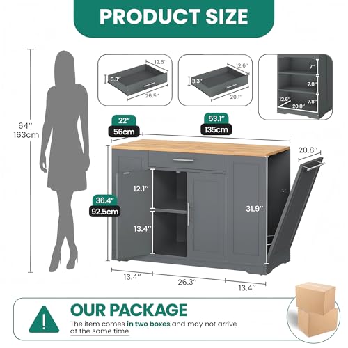 53 Inch Movable Kitchen Island with Trash Can Storage Cabinet