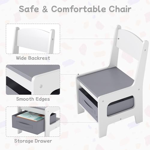 3-in-1 Wooden Kids Table & Chairs, Detachable Top & Storage, Grey