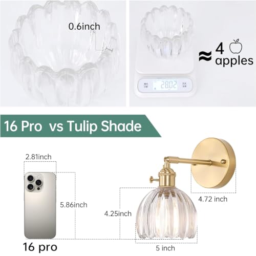 Vintage Wall Sconces Set of 2 with Transparent Tulip Glass Lampshade 180 Degree Adjustable Brass Sconces Hradwired Modern Wall Lighting Fixture with Switch for Bedside Bedroom Doorway (2 Count)