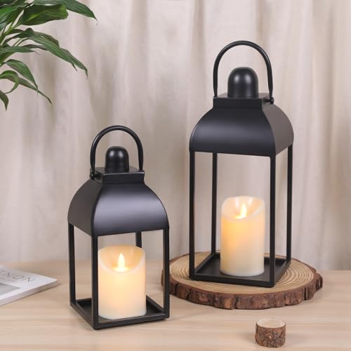 Lanterns Decorative Indoor 15" 11" Set of 2 Black Metal Lantern with Candle (2 Count)