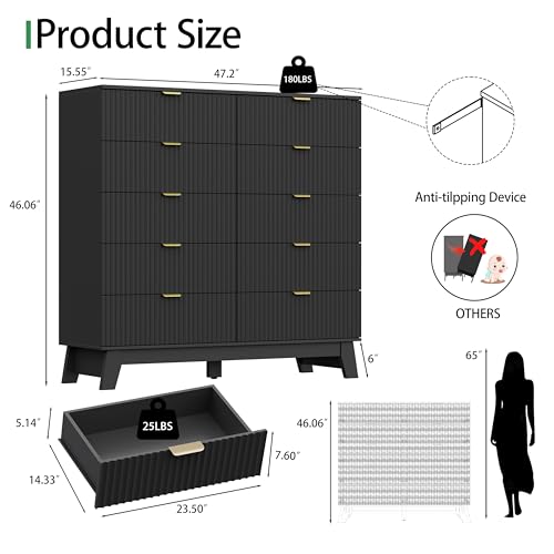 Fluted Dresser for Bedroom with 10 Drawers