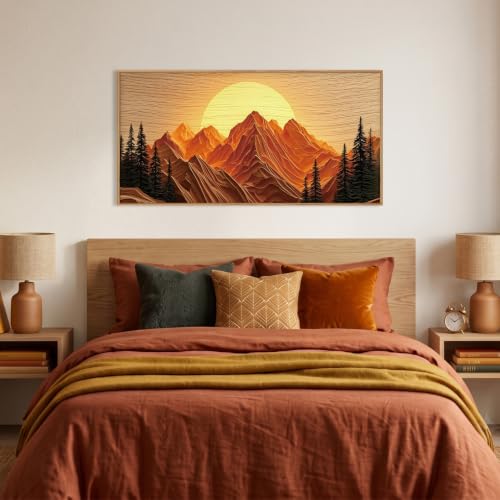 Large Boho Golden Mountain Framed Canvas Wall Art Set