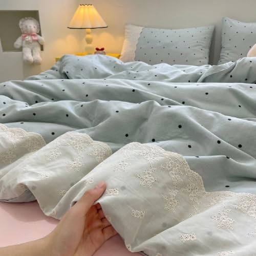 Lace Comforter Set Full Size Cute Black Dots Bedding Set Lightweight Soft Girls Princess Style Comforter with 2 Pillowcases Romantic Lace Design Chic Polka Dots Comforter Set for All Seasons