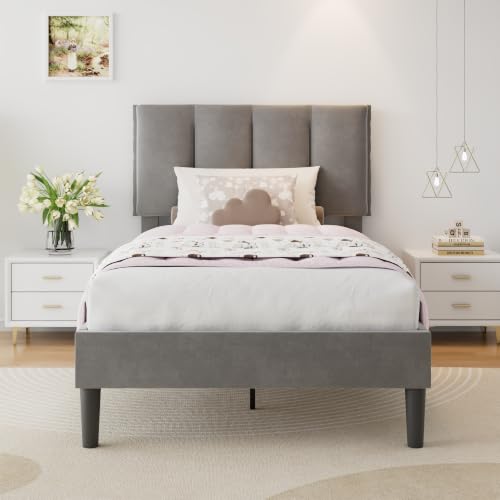 Twin Size Bed Frame with Upholstered Headboard