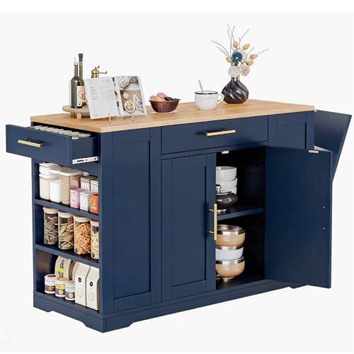 53 inch Large Rolling Kitchen Island with Trash Can Storage Cabinet