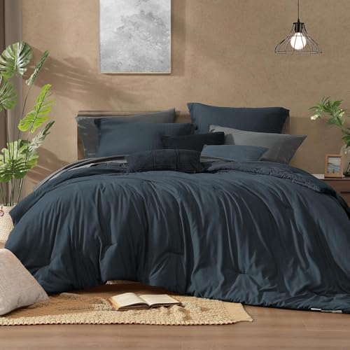 California King Size Comforter Set 7 Pieces Navy Blue Bed in a Bag