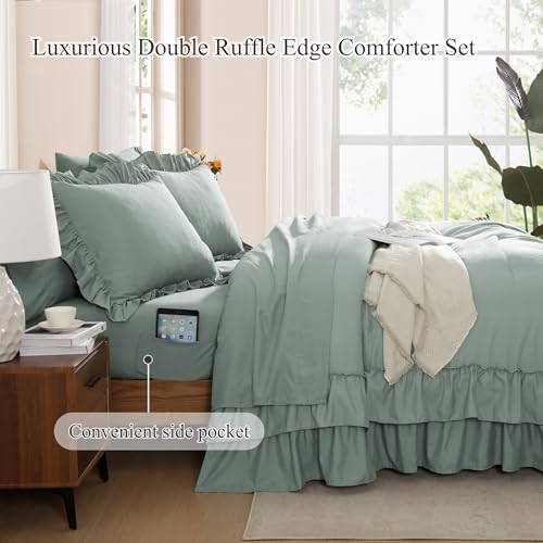 Full Size Comforter Set Sage Green Ruffle 7 Pieces Farmhouse Bed in a Bag