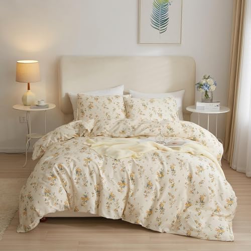 Vintage Yellow Floral Comforter Set King Garden Style Aesthetic Flower Comforter for King Bed Fluffy Lightweight Chic Botanical Floral Bedding Cottagecore Comforter Farmhouse Boho Comforter Set