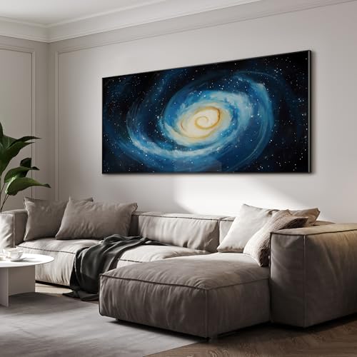 24"x46" Extra Large Framed Wall Art Spiral Galaxy Vivid Blue and Yellow Cosmic Space Illustration for Home Living Room Bedroom Decor