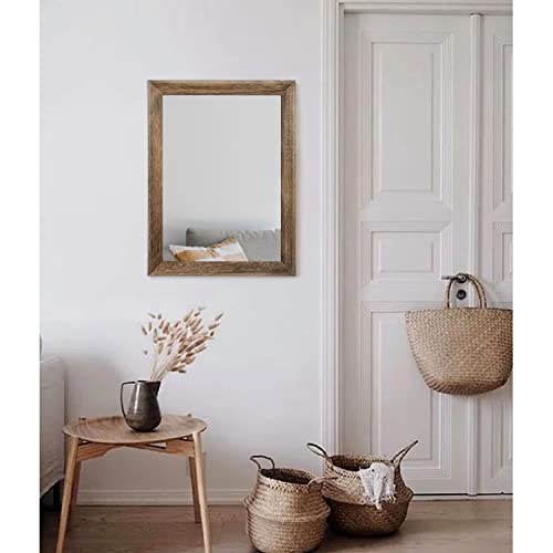 Rustic Wood Mirror Rectangle Decorative Wall Mirrors with Frame Large 20"x16"for Bedroom Living Room Bathroom Entryway Hanging Brown