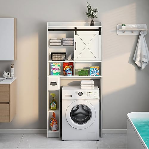 Over The Toilet Storage Cabinet with Sliding Barn Door. White