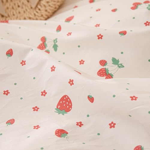 Strawberry Print Comforter Set Pink White Ruffled Bedding Comforter Full Size Soft Fluffy Floral Bedding Set Kawaii Strawberry Fruit Comforter Set for Kids Girls Lightweight and Cozy for All Seasons