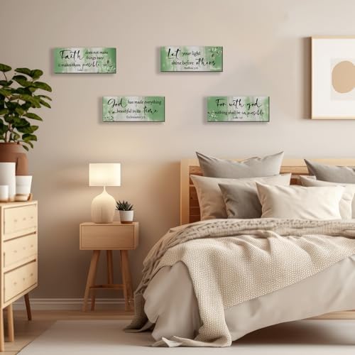 4 Pieces Green Bathroom Decor Bible Verses Wall Art Wooden Abstract Office Christian Wall Sign Religious Art for Women Office Home Bedroom Living Room (4 Count)