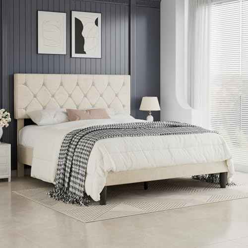 Queen Size Bed Frame with Diamond Tufted Headboard