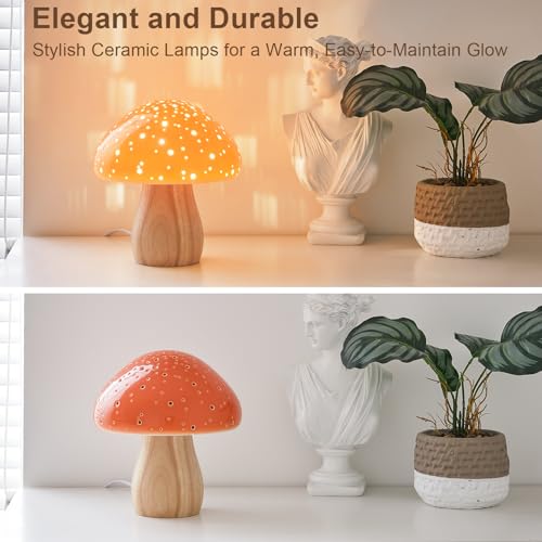 Mushroom Lamp Ceramic Bedside Table Lamp for Bedroom Orange