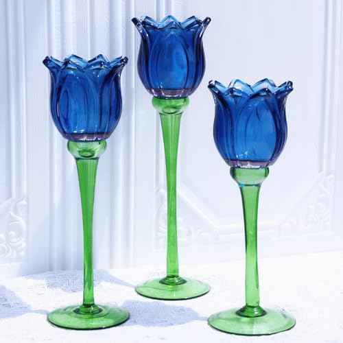 Blue Flower Tealight Candle Holder Set of 3